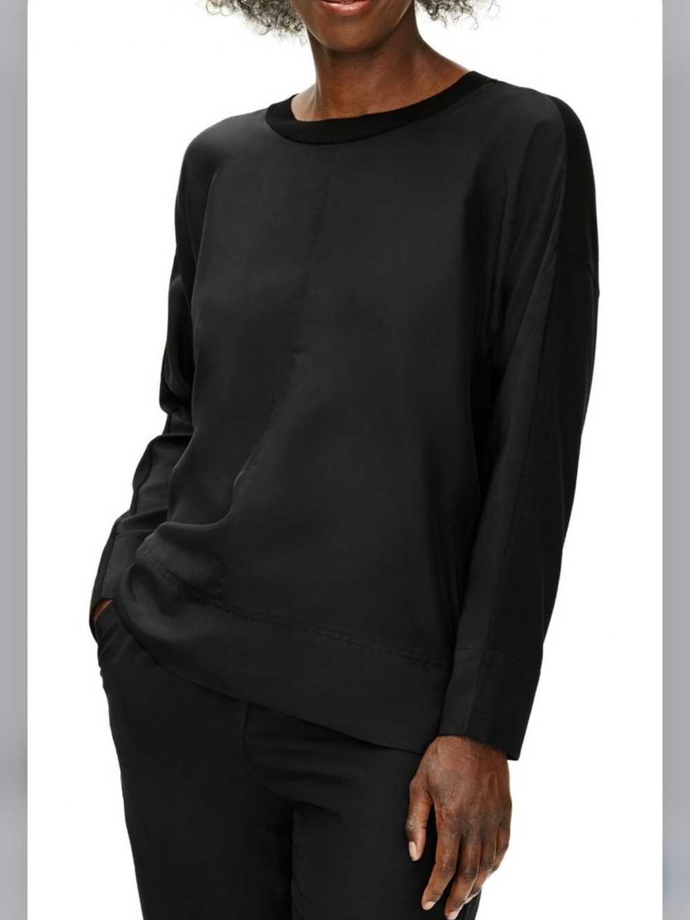 Eileen Fisher Black Stretch Silk Blend Crepe & Silk Long Sleeve Top XS